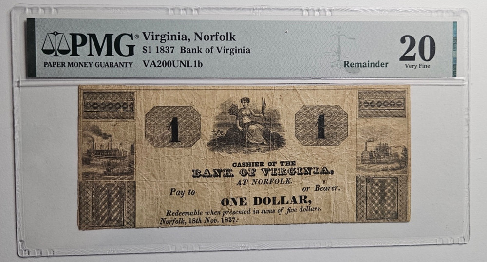 Obsolete Currency Norfolk $ 1, VA – 1837 Bank of VIRGINIA VA200UNL1b PMG 20