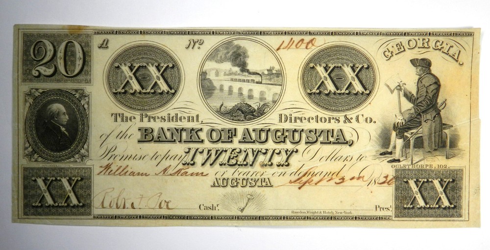 1836 $20 BANK OF AUGUSTA GEORGIA OBSOLETE! XF+! SN#1400