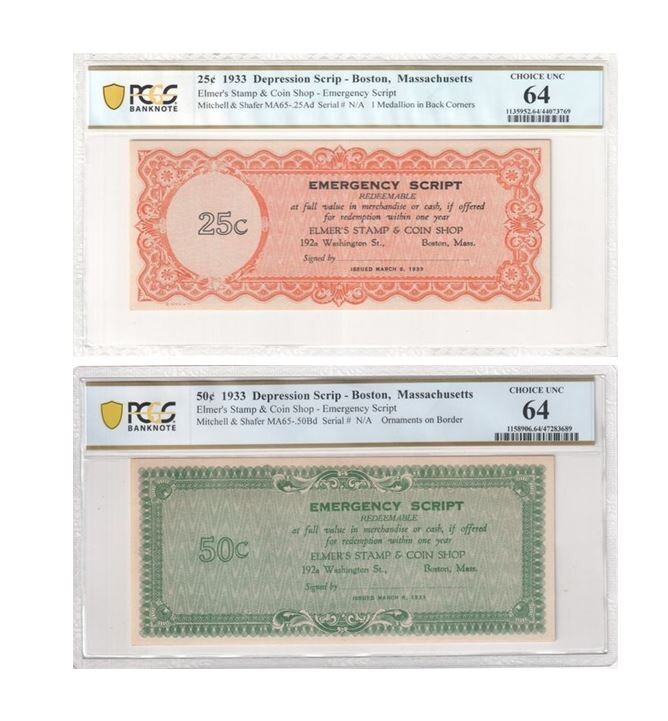1933 Depression Script Elmers Stamp Coin shop Boston Massachusetts 25c 50c CU64