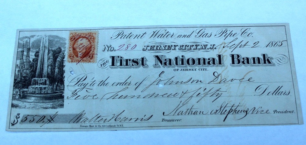 1865 JERSEY CITY 1ST NB XF+ NICE CRISP PAID LARGE BRIGHT CHECK REVENUE STAMP