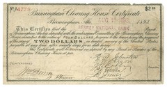 1893 Birmingham Clearing House Certificate – Birmingham AL $2 Scrip RARE 66504OZ