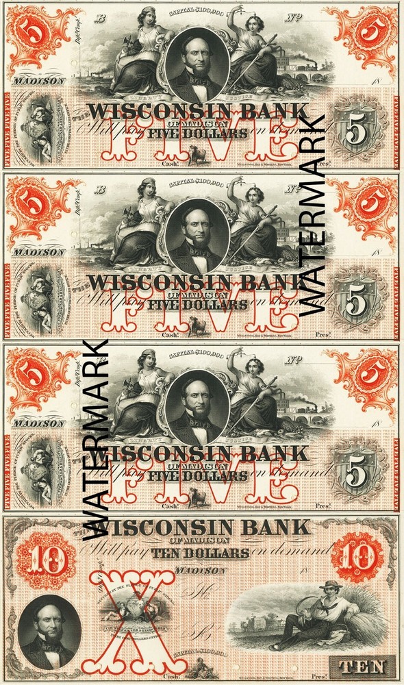 $5-$5-$5-$10 Wisconsin Bank of Madison WI Obsolete Currency Sheet – REPRODUCTION