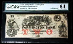 1860s FARMINGTON, NEW HAMPSHIRE $2 DOLLAR OBSOLETE BANK NOTE PMG CHOICE UNC 64