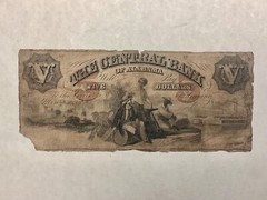 ~1850’s The Central Bank of Alabama $5 Five Dollars