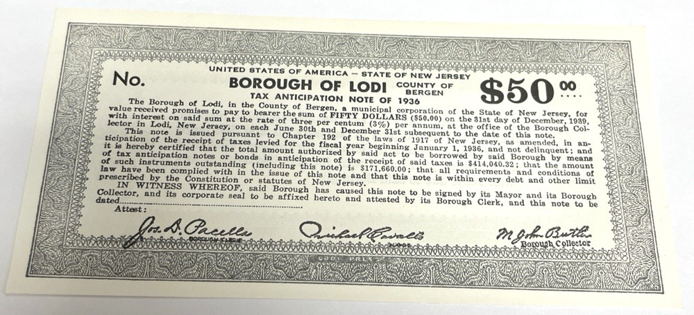 1936 $50 Depression Scrip Borough of Lodi Jersey Note