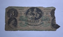 Mid 19th Century Obsolete Currency, New Jersey Merchants Bank $3 Note, Damaged