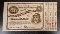 1870s Five Dollars State of Louisiana BABY BOND $5 UNCIRCULATED w Coupons #91477