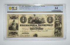 1841 Florida Exchange & Banking Co Apalachicola $1 Obsolete Banknote PCGS CU64