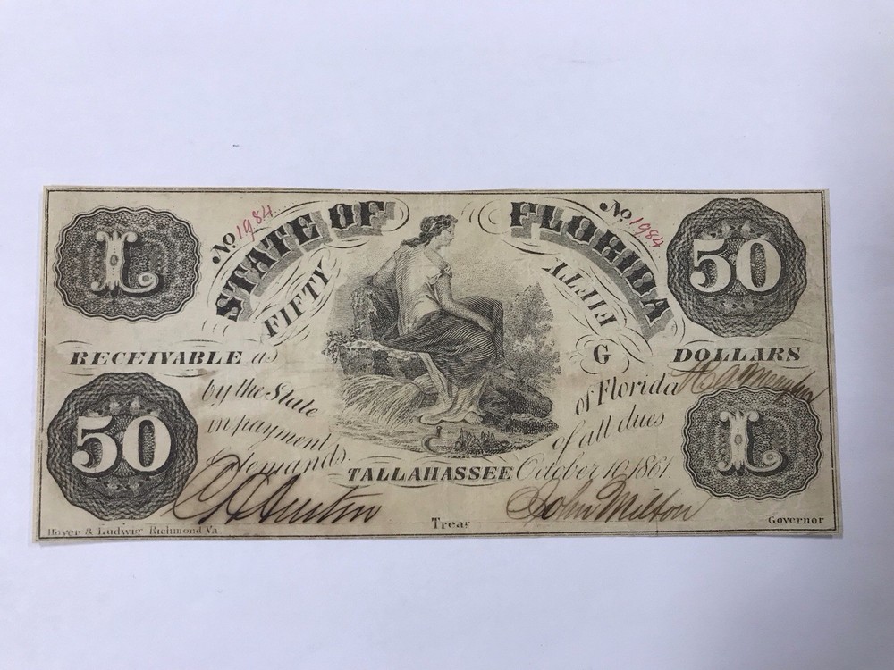 A&O-1861 $50 State Of Tallahassee, FLorida CR-3A INVERTED ERROR Fully Issued-FL
