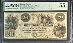 1839-41 $20 Republic of Texas, Austin Obsolete PMG 55 EPQ