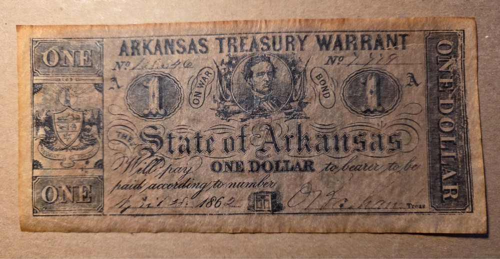 AK-30 1862 US 1.00 DOLLAR ARKANSAS TREASURY WARRANT CLEAN OBSOLETE WAR BOND