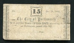 1862 15 CENTS THE CITY OF PORTSMOUTH VIRGINIA OBSOLETE SCRIP NOTE 
