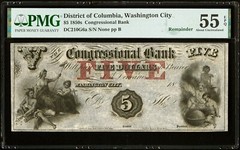 1850 – District of Columbia $5 – Congressional Bank – Remainder – PMG 55 EPQ
