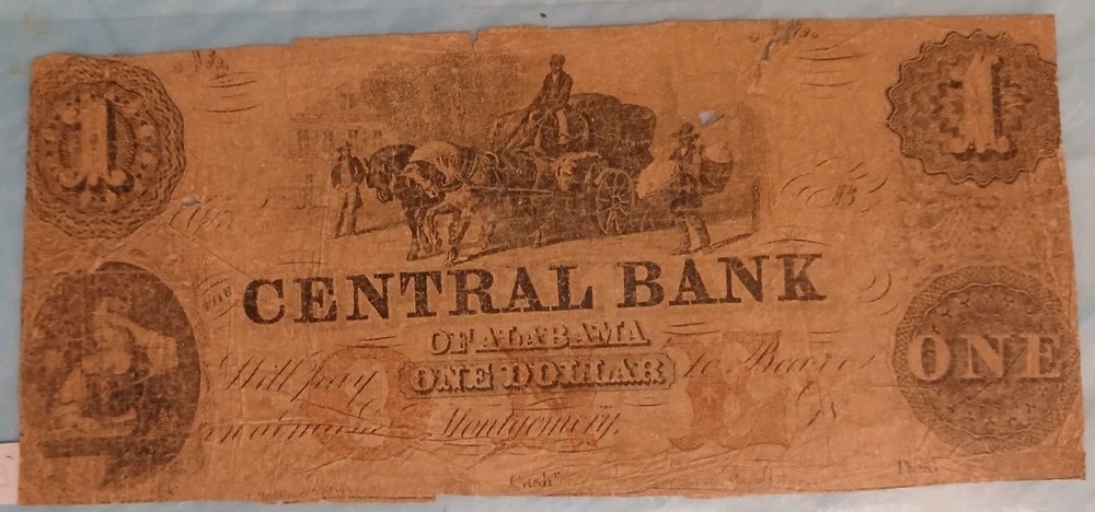1856 $1 Central Bank of Alabama Obsolete Banknote Ornate Horse Wagon Scene