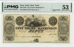 1840 $50 New York, New York Obsolete Note City Trust & Banking PMG AU53