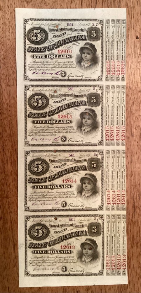 ~ 1870’s $5 Five Dollars State of Louisiana Baby Bond – Uncut Sheet of 4 Notes
