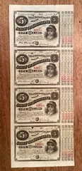 ~ 1870’s $5 Five Dollars State of Louisiana Baby Bond – Uncut Sheet of 4 Notes
