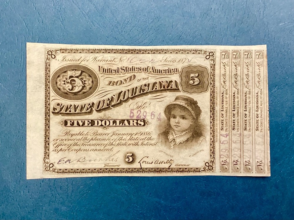 ~1875 $ 5 Five Dollars State of Louisiana Baby Bond – Rare “Issued for Warrant”