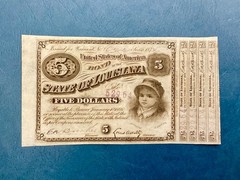 ~1875 $ 5 Five Dollars State of Louisiana Baby Bond – Rare “Issued for Warrant”