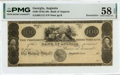1810s-30s $100 Augusta, Georgia Obsolete Note Bank of Augusta PMG AU58 EPQ
