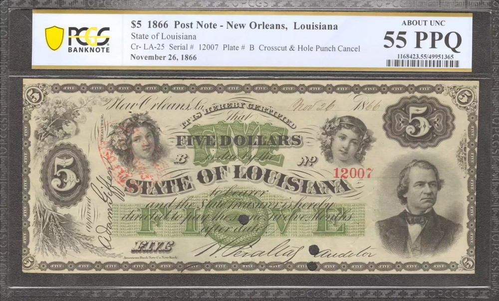 1866 $5 LOUISIANA STATE POST NOTE CR-LA-25 NEW ORLEANS PCGS AU 55 PPQ (365)