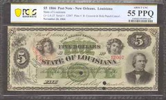 1866 $5 LOUISIANA STATE POST NOTE CR-LA-25 NEW ORLEANS PCGS AU 55 PPQ (365)