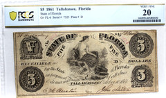 1861 $5 TALLAHASSEE STATE OF FLORIDA PCGS 20 VERY FINE CIVIL WAR ISSUE