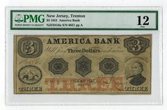 1853 Trenton New Jersey AMERICA BANK $3 Obsolete Currency PMG Fine12