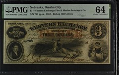 PMG 64 Omaha City Nebraska $3 1857 Scrip Note (2292372-063)