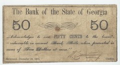 1861 Savannah THE BANK OF THE STATE OF GEORGIA 50c Obsolete Scrip