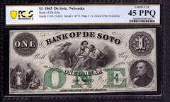 1863 $1 BANK OF DE SOTO NEBRASKA GREEN OVERPRINT OBSOLETE NOTE PCGS B XF 45 PPQ
