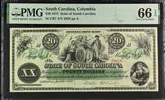1872 Cr.7 $20 The State of SOUTH CAROLINA Note – PMG Gem 66 EPQ