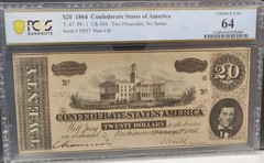 1864 Confederate States of America 20 Dollars PMG 64 Choice UNC