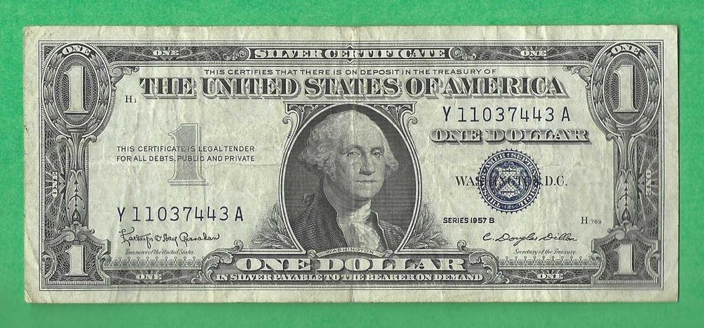 US DOLLAR SILVER CERTIFICATE BLUE SEAL $1 SERIES 1957 B …. Y 11037443 A