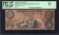 1857 $5 THE WINDHAM COUNTY BANK BRATTLEBORO, VT OBSOLETE NOTE PCGS FINE-12
