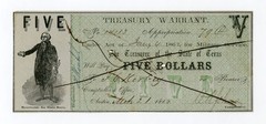 1862 Cr.11A $5 TEXAS Treasury Warrant – CIVIL WAR Era AU