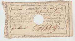 1789 One Pound Connecticut Comptroller Colonial Currency Note / cancelled