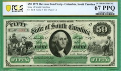 LOW SERIAL # 633 – 1872 $50 – SOUTH CAROLINA – PCGS SUPERB GEM 67 PPQ