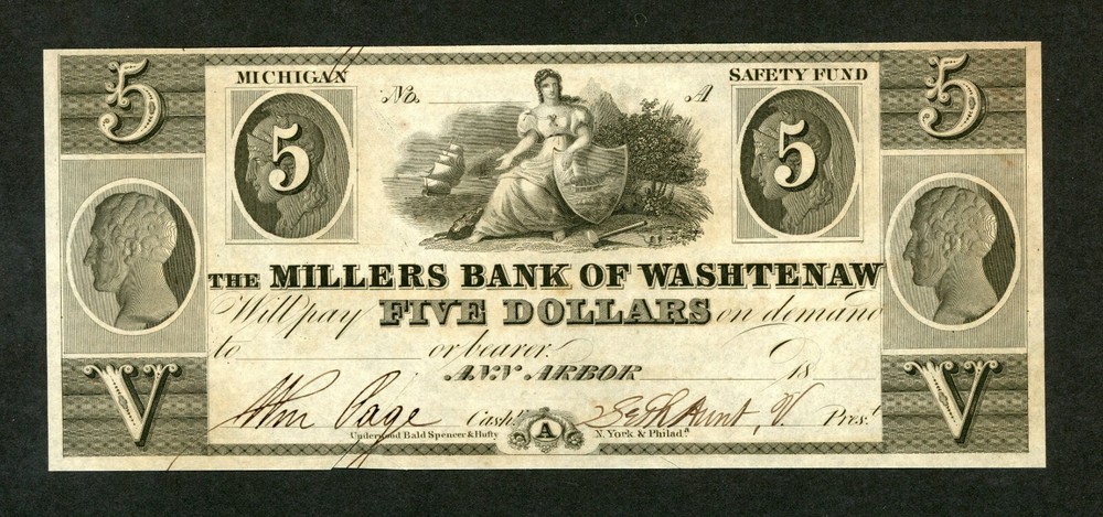 US 18xx $5 THE MILLERS BANK OF WASHTENAW ANN ARBOR MICHIGAN OBSOLETE AU.