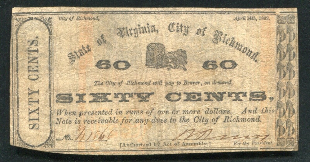 1862 60 SIXTY CENTS STATE OF VIRGINIA, CITY OF RICHMOND OBSOLETE SCRIP NOTE (AA)