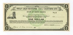1933 $1 Self Liquidating Tax Cert. State Treas NORTH DAKOTA Depression Scrip UNC