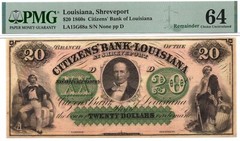 1860s $20 Citizens Bank of Louisiana, Shreveport Obsolete – PMG 64! Beautiful!