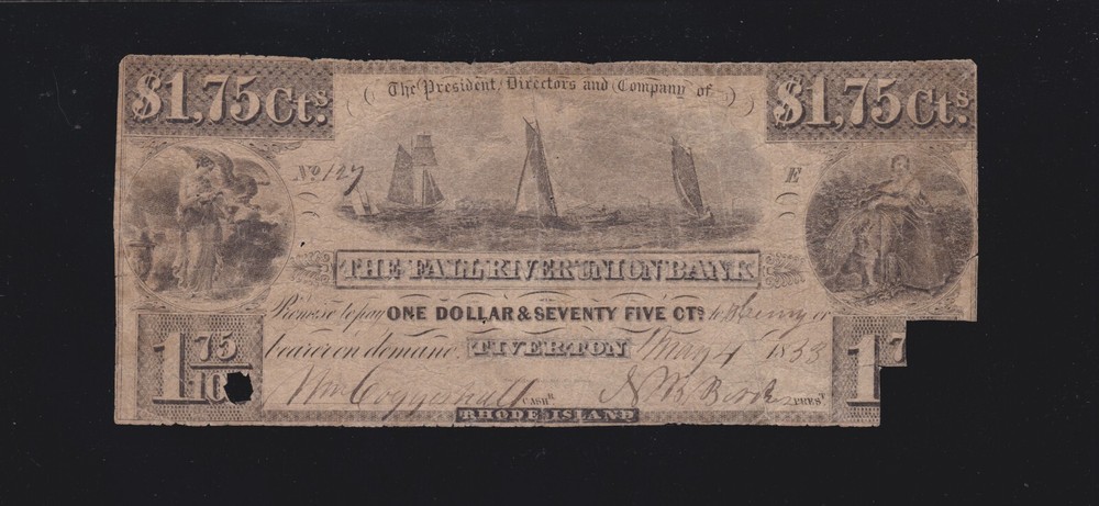 US $1.75 Rhode Island Fall River Union Bank Obsolete Currency F-VF Counterfeit