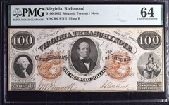 1862 $100 Richmond, Virginia Note PMG 64 VA CR6 Nice Color