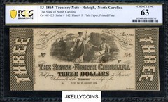 1863 $3 State of North Carolina, Raleigh Obsolete Note – PCGS 63! Choice Unc.