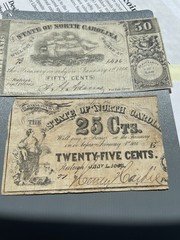 North Carolina Two notes 1862. 1863 50, 25 Cents Civil War Currency Redeem 1866