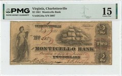 1861 $2 Charlottesville, Virginia Obsolete Note Monticello Bank PMG F15