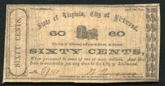 1862 60 SIXTY CENTS STATE OF VIRGINIA, CITY OF RICHMOND OBSOLETE SCRIP NOTE (R)
