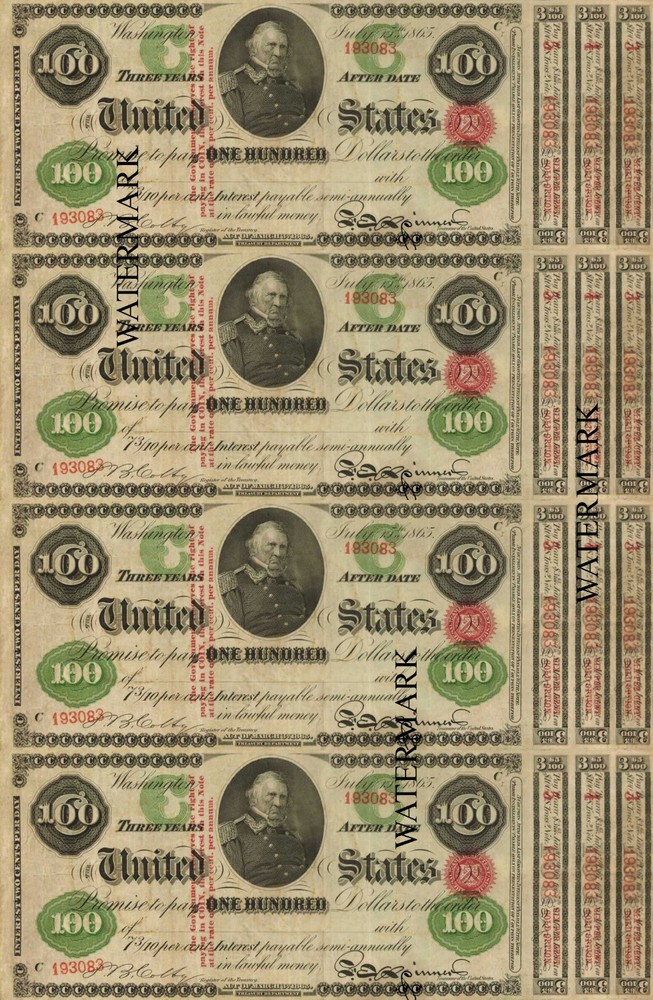March 1865 $100 Interest Bearing Note Fr212e Winfield Scott Obsolete Sheet REPRO
