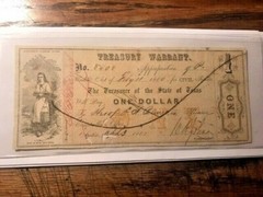 1860 Texas Treasury Warrant $1.00 Holes #18074
